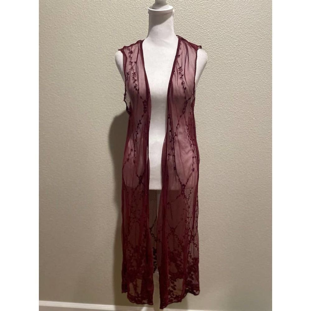 NWOT Haute Monde Burgundy Sheer Lace Long Women's Cardigan Size L